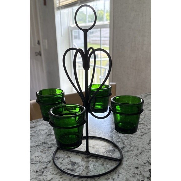 Vtg.Cast Iron Heart Mosser Green Glass Votive/Planters Candelabra Made In USA - Picture 1 of 11